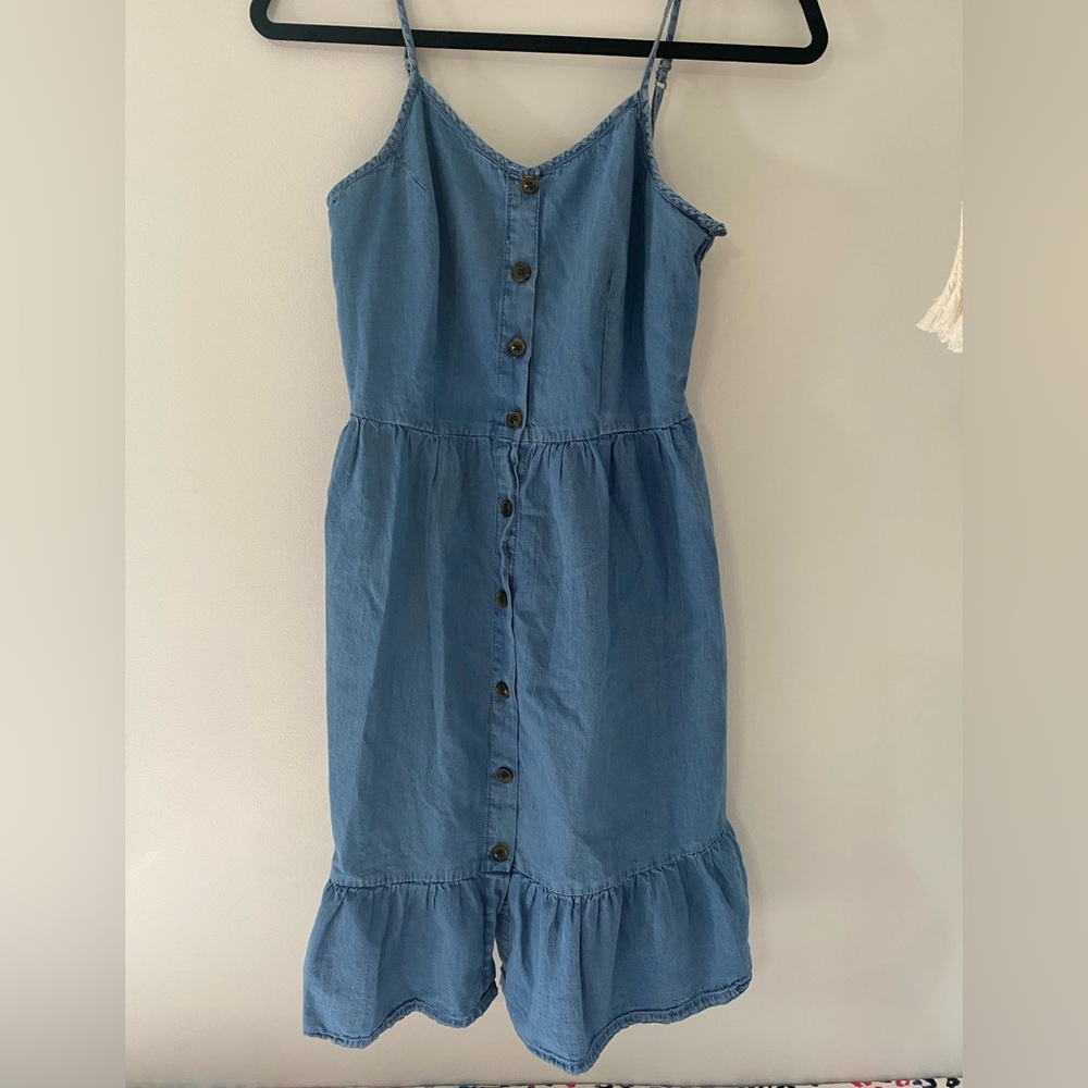 Casual Blue Button-Front Mini Dress with Spaghetti Straps
